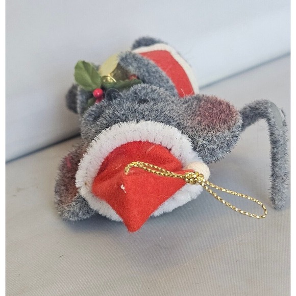 Vintage Sydney Morgan Flocked Ornament Mouse Santa Hat Present 4" - Picture 7 of 10